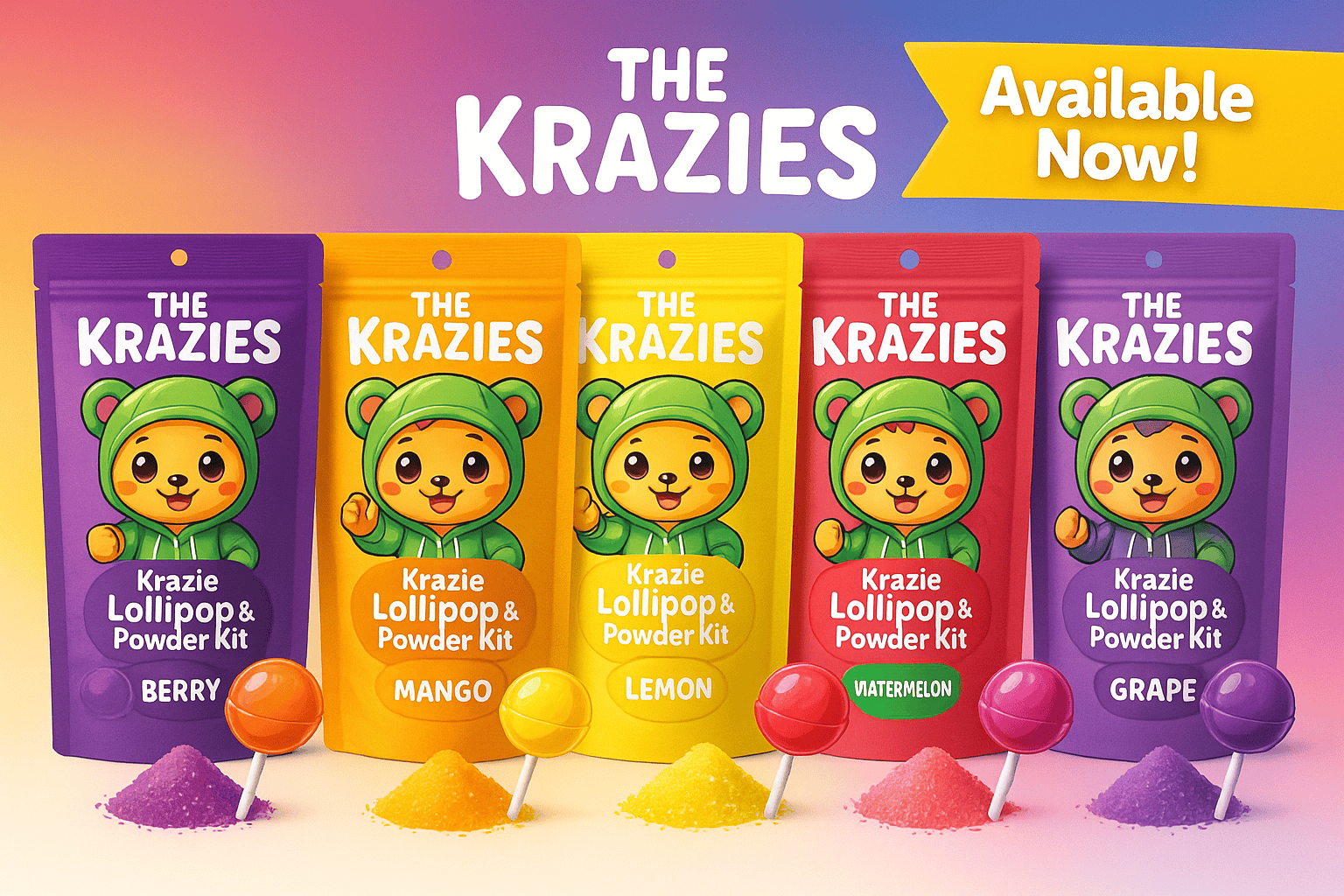 BERRY, LEMON, MANGO, WATERMELON, GRAPE—beneath a big THE KRAZIES sign; matching lollipops and powder mounds—Available Now